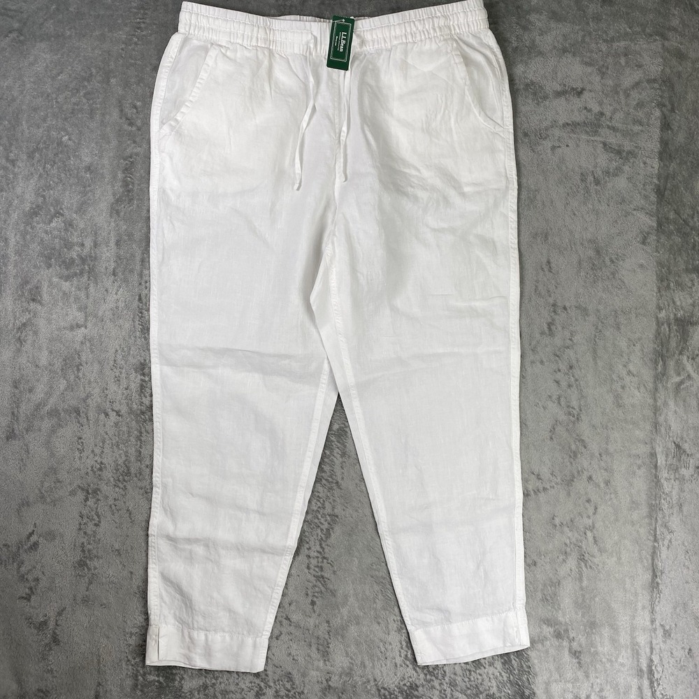 LL Bean Pants Womens Size 14 White Premium Linen Ankle Beach Pull On Breezy NWT